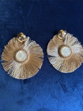 Lilly Pulitzer Gold Fringe Statement Earrings Pearl Boho Glam